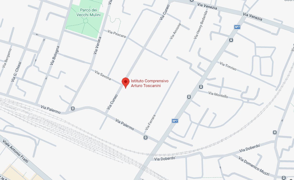 Mappa della zona: la palestra si trova in Via Cuneo 3/A, a Parma, presso l'Istituto Comprensivo Arturo Toscanini